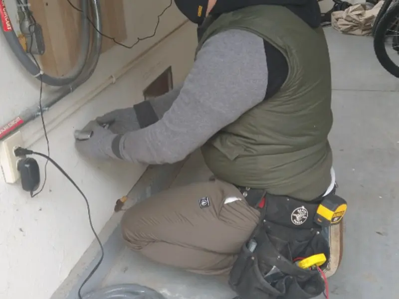 Electrician performing outlet wiring in a Hollis garage